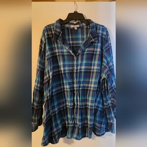 Woman Within Blue Plaid Button-Up Top